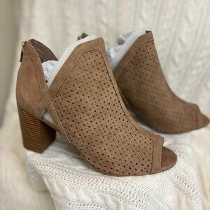 A.N.A. Tiana Perforated Laser Cut Ankle Open Toe Bootie Block Heel - 10M - Taupe